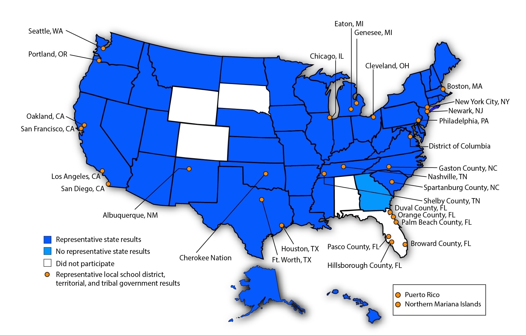 Map with participating states shown in blue. Participants are listed in the content below.