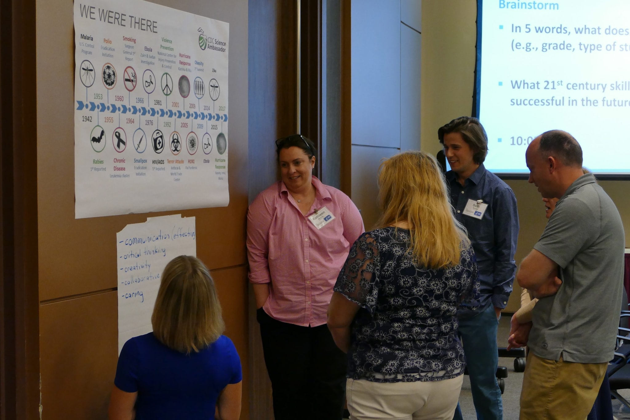 A group of people gather to look at resources and posters displayed on the wall with a projector screen in the background.