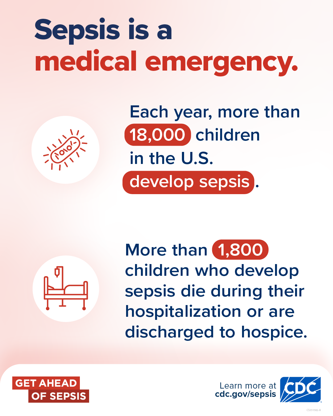 Sepsis is a medical emergency. Each year, more than 18,000 children in the U.S. develop sepsis. More than 1,800 children who develop sepsis die during their hospitalization or are discharged to hospice. Get Ahead of Sepsis. Learn more at cdc.gov/sepsis