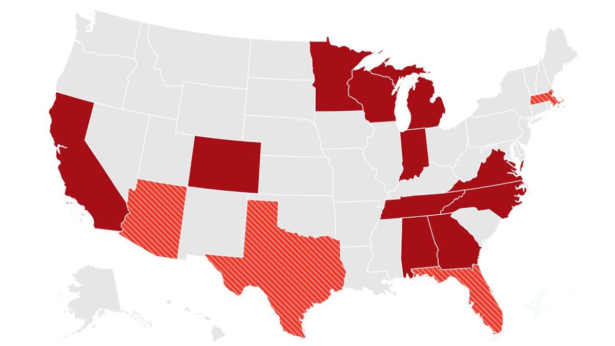 Map of states with funding awards for SCDC