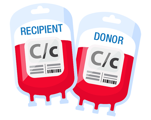 Illustration of recipient and donor blood bags.