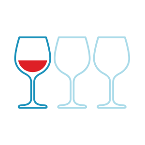 Graphic of three wine glasses. One wine glass contains wine and the other two are empty.