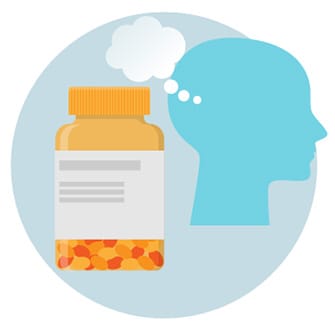 Graphic of a medicine bottle and a thinking head.