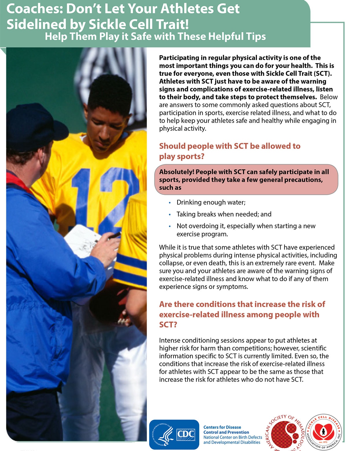 Coaches: Don’t let your athletes get sidelined by sickle cell trait! Help them play it safe with these helpful tips! - factsheet thumbnail
