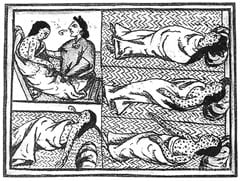 A black and white illustration showing people sick with smallpox.