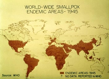 A WHO map showing endemic areas for smallpox in 1945