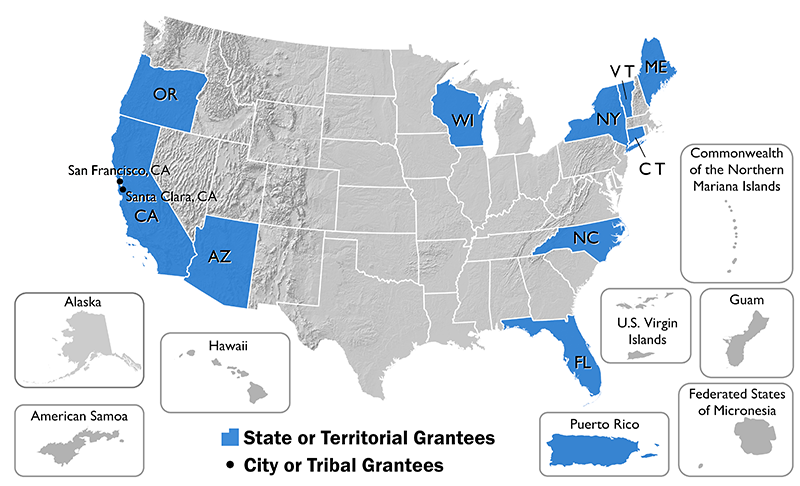 Mapa de los estados y ciudades de los CDC Climate Ready States and Cities actualmente financiados por los estados. Mapa de los estados y ciudades de los CDC Climate Ready States and Cities actualmente financiados por los estados.