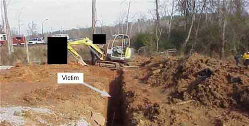 full200504b.jpg Foto 2. Muestra la posición de la miniexcavadora al momento del incidente y la ubicación aproximada de la víctima. Foto cortesía de NCOSHA.