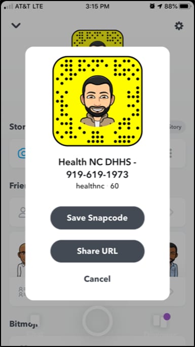 An example personal profile for Snapchat mobile app's snapcode for health care professionals.