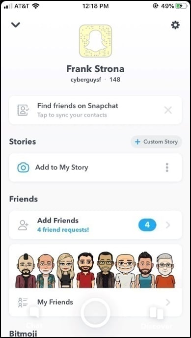 An example personal profile for Snapchat mobile app for health care professionals.