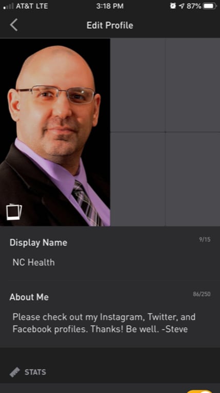 An example personal profile for the Grindr mobile app for health care professionals.