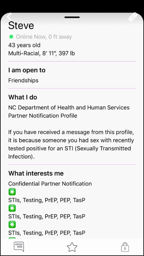 An example personal profile for the Jack'd mobile app for health care professionals.