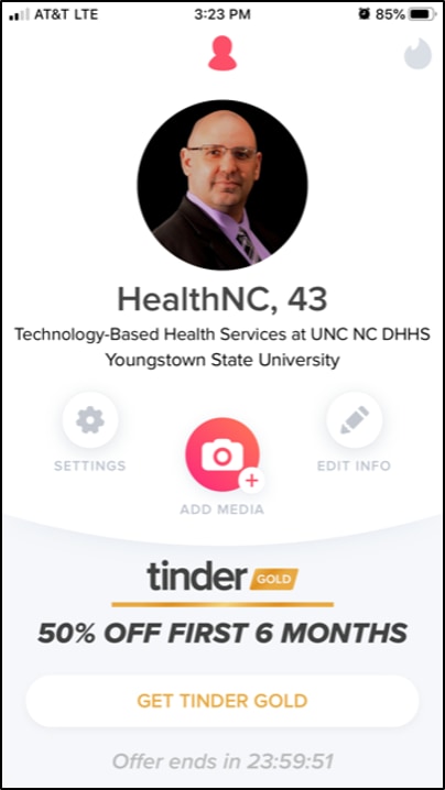 An example personal profile for the Tinder mobile app for health care professionals.
