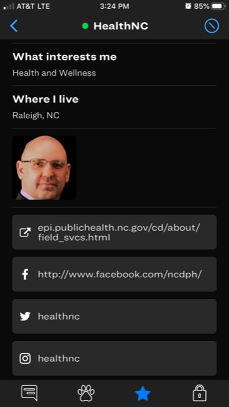 An example personal profile for the Scruff mobile app details for health care professionals.