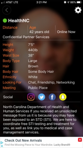 An example personal profile for Adam4Adam.com for health care professionals.