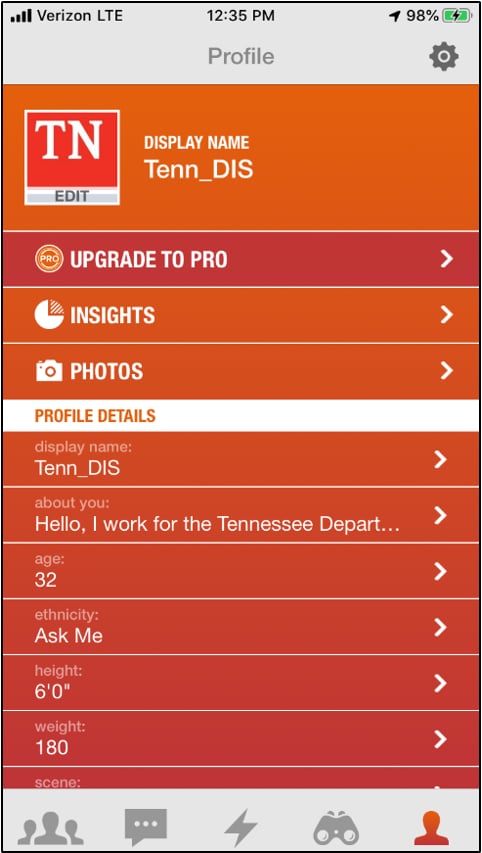 An example personal profile for the Jack'd mobile app details for health care professionals.
