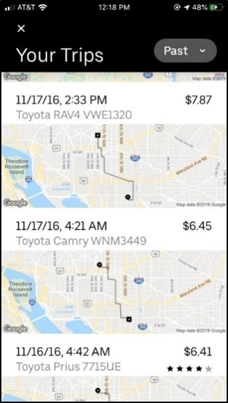 A screenshot of trip history in the Uber app.