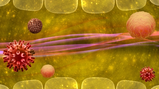 Imagen abstracta de una boca y microbios patógenos