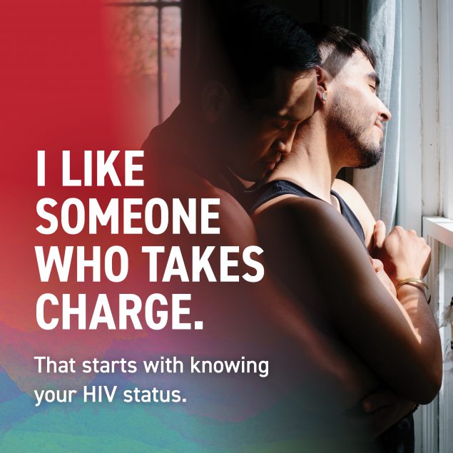 2021_OCT_Monthly HIVST Post_Evergreen_STSH Male couple embracing each other. Text: I like someone who takes charge. That starts with knowing your HIV status.