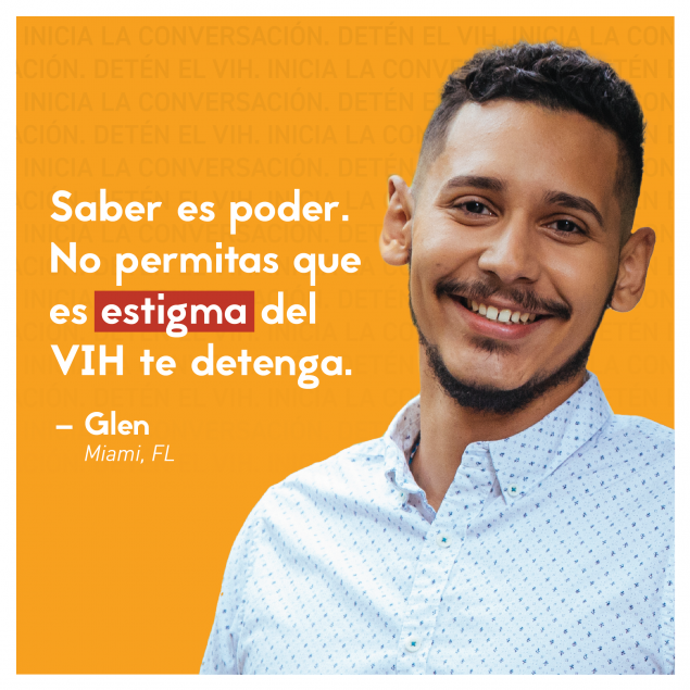 2022-LSHT-September_SM-AssetRefresh_Glen Man smiling against an orange background. Text (Spanish): Saber es poder. No permitas que es stigma del VIH to detenga. -Glen Miami, FL