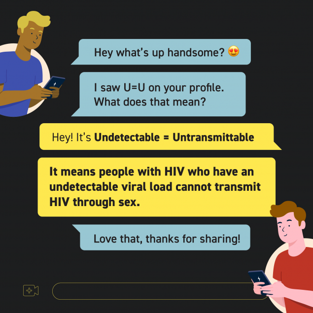 u-u-Grindr-Text Illustration of two men texting each other through a digital dating app. Text: Undetectable = Untransmittable. It means people with HIV who have an undetectable viral load cannot transmit HIV through sex.