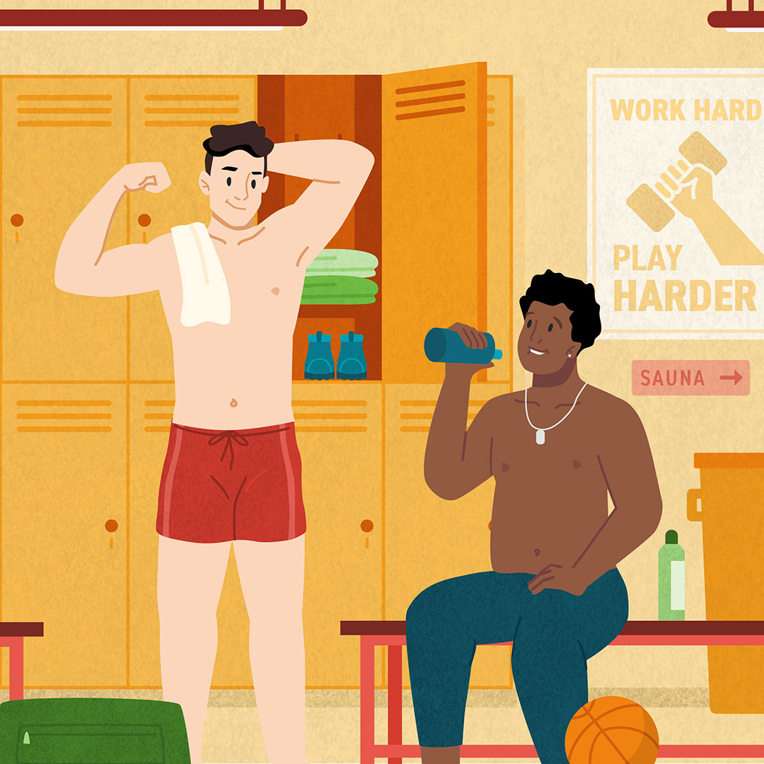 An illustration of two men flexing in a locker room.