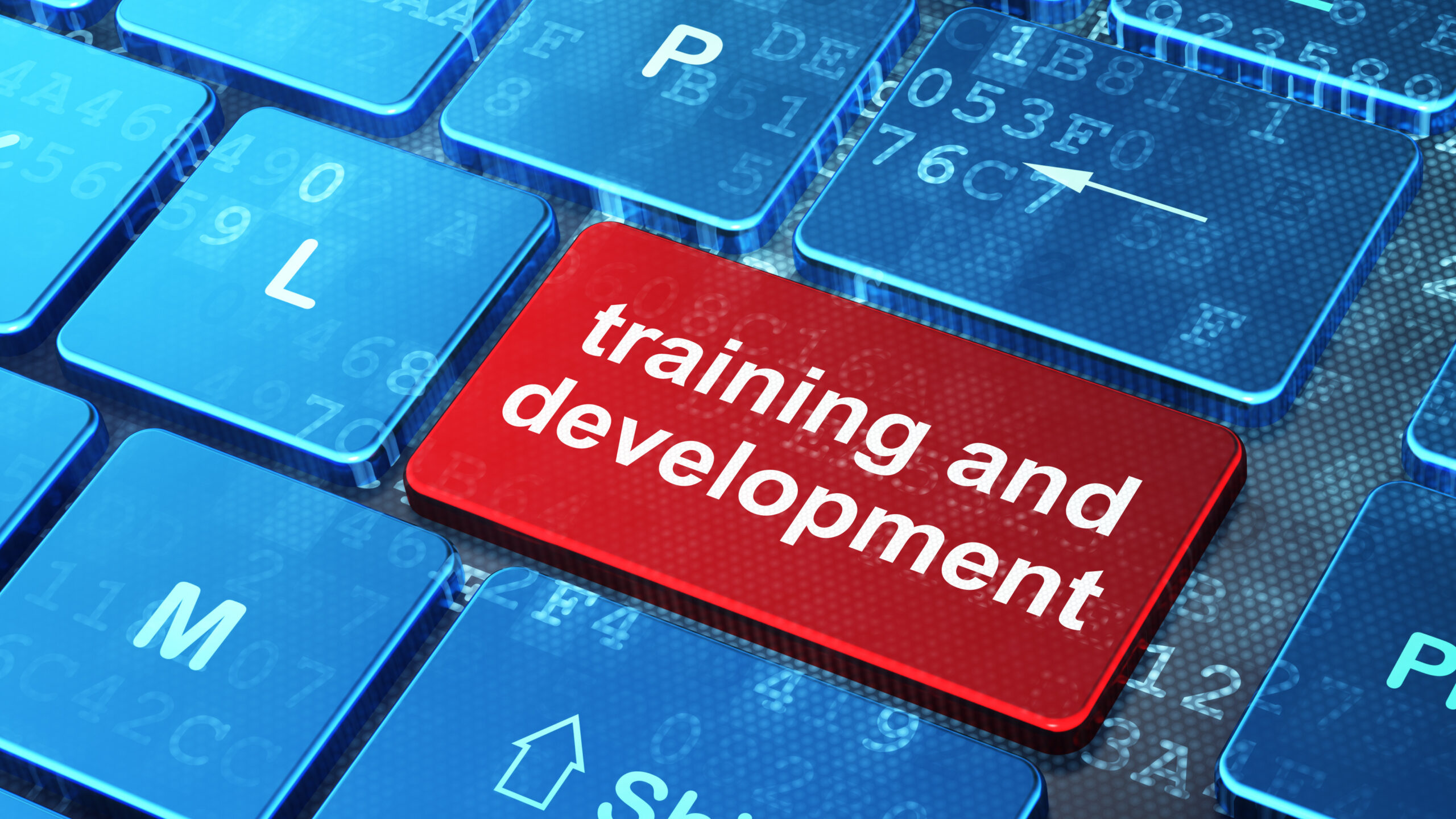 Keyboard with text that says training and development on one key