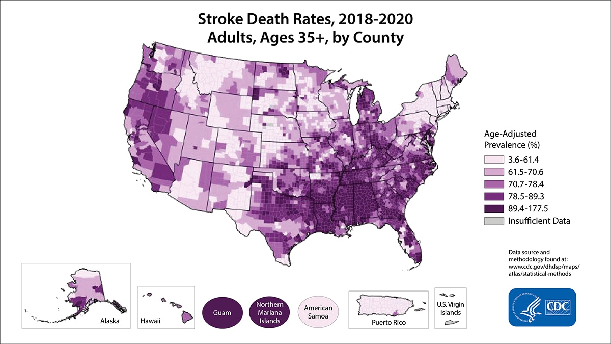 Stroke Death Rates for 2018 through 2020 for Adults Aged 35 Years and Older by County.