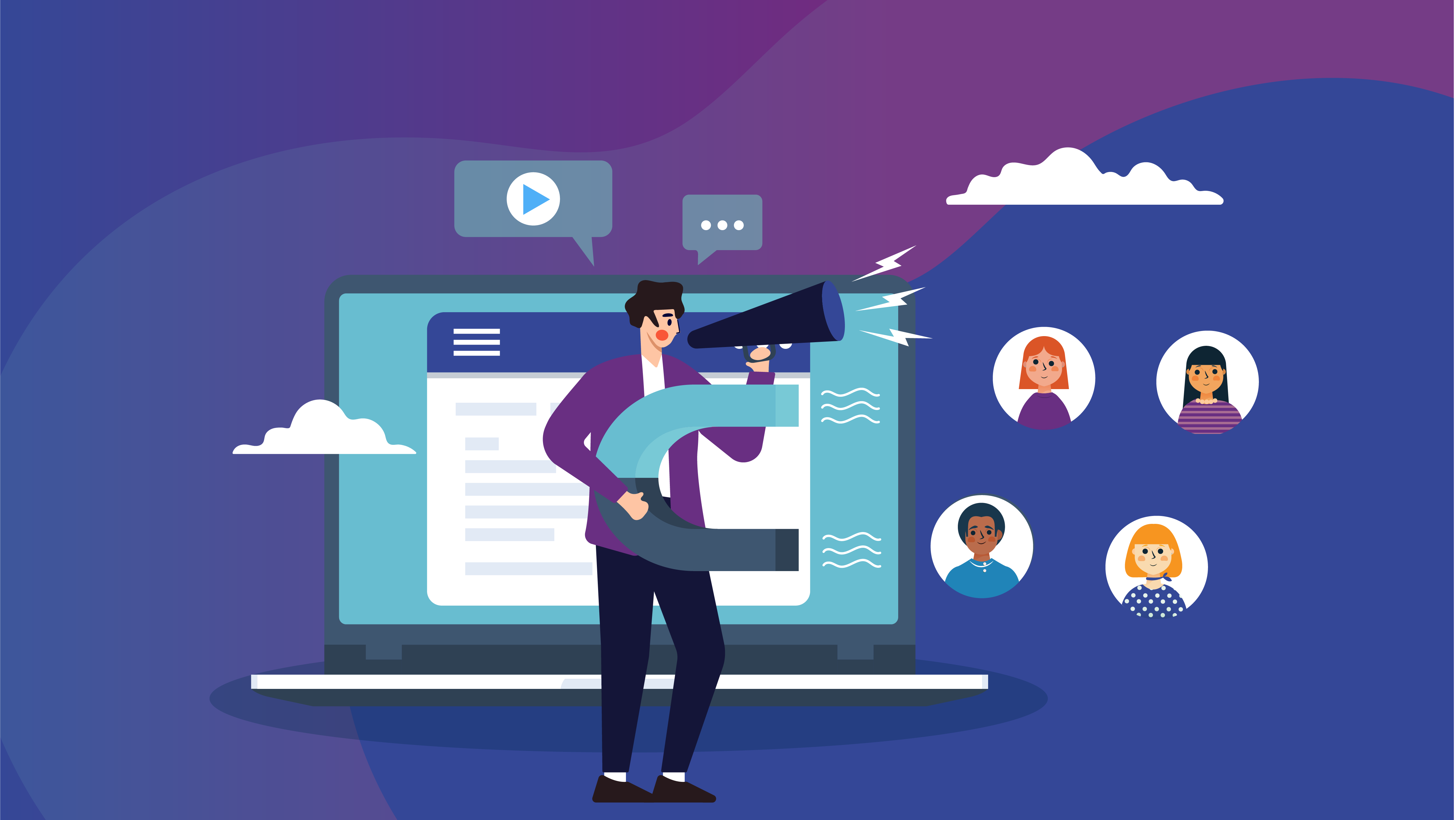 A man using a large magnet and megaphone in front of a large computer screen to attract people to it