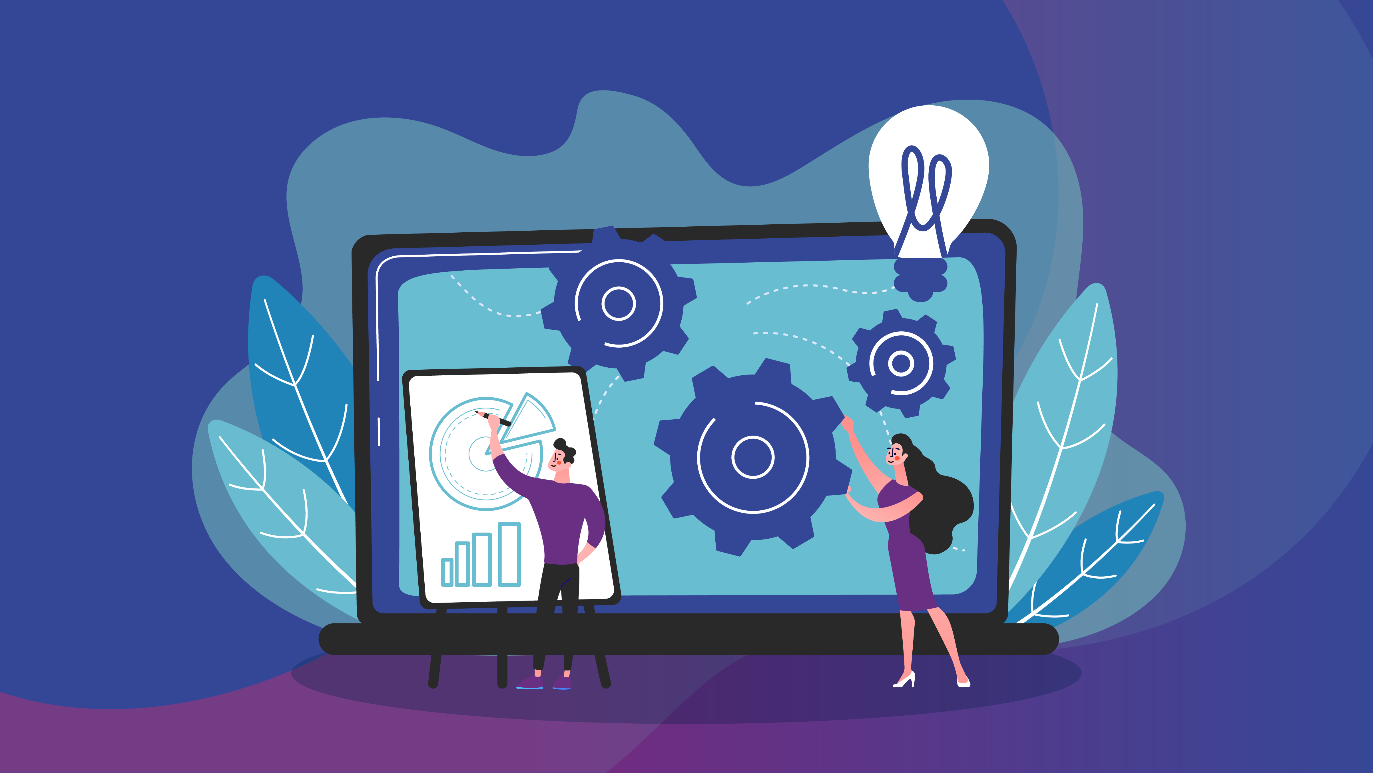 Two people working in front of a large screen