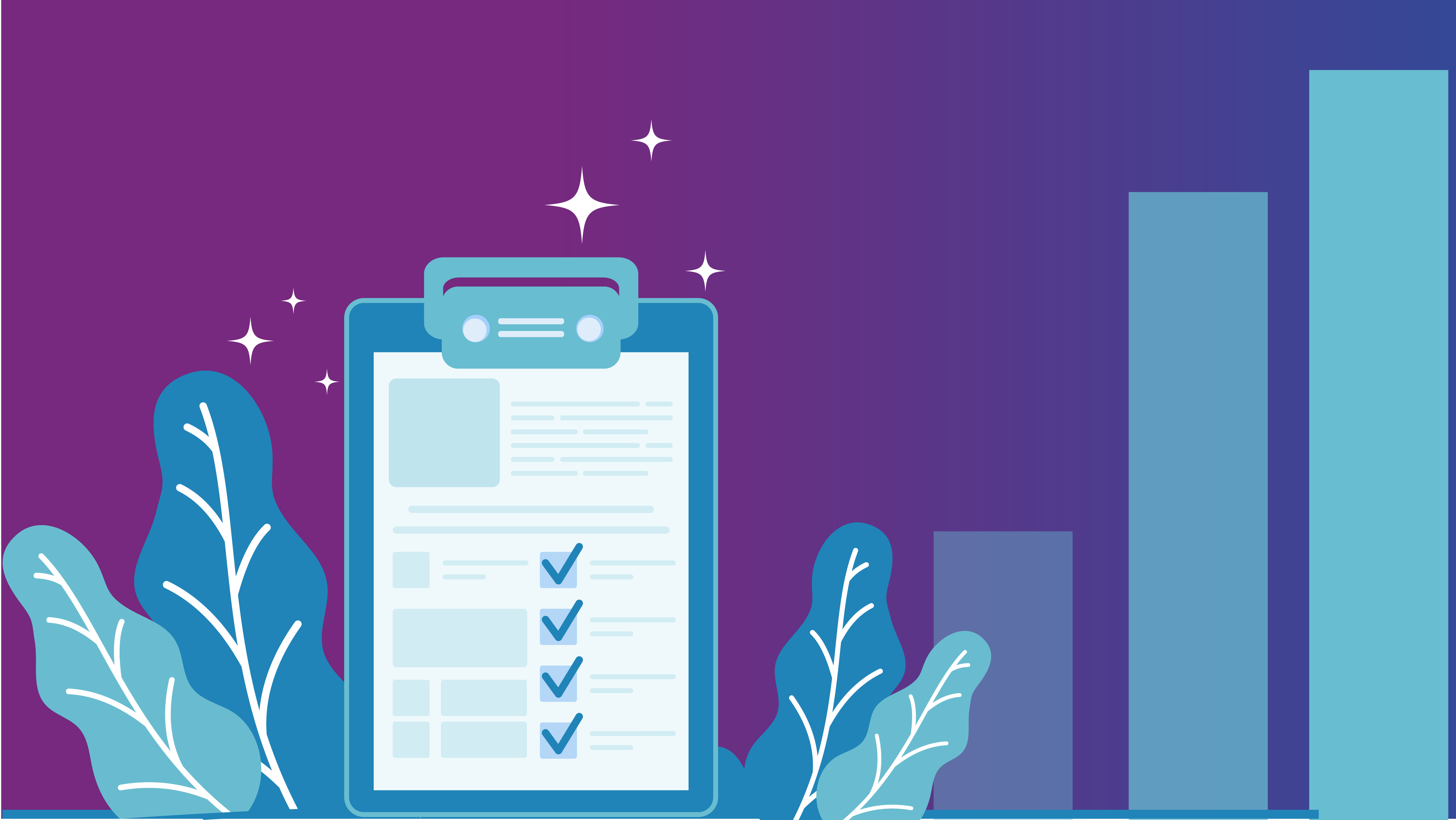 A checklist in front of a bar graph