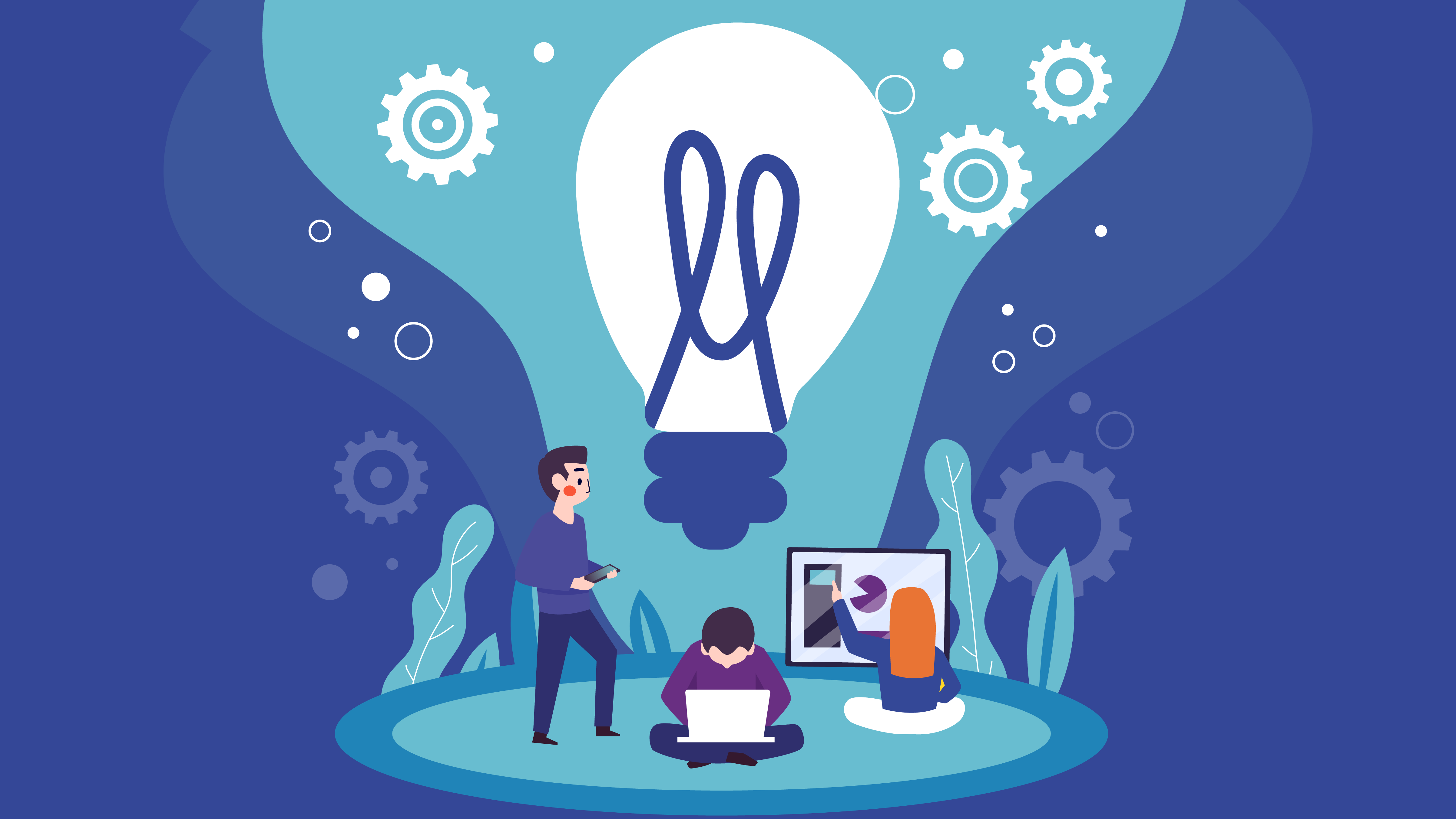 Three people working on a project in front of a large lightbulb