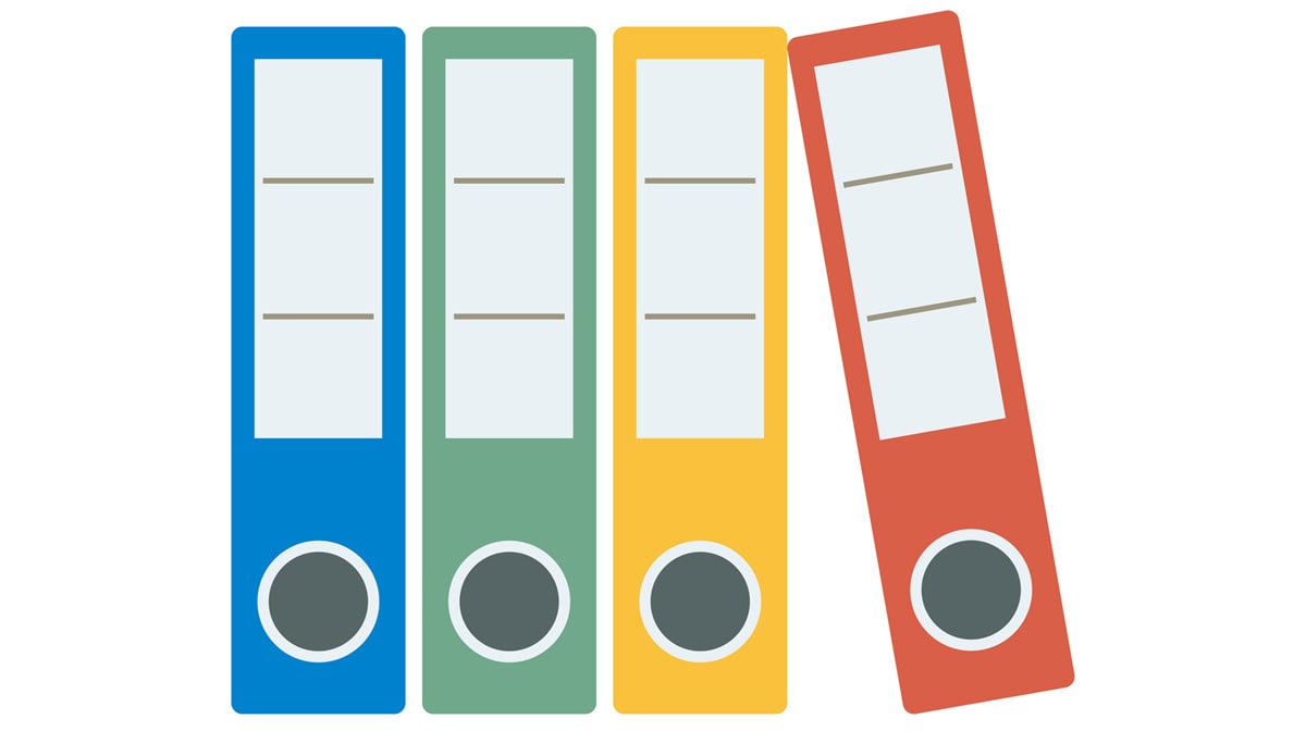 Four archive boxes in blue, green, yellow, and red