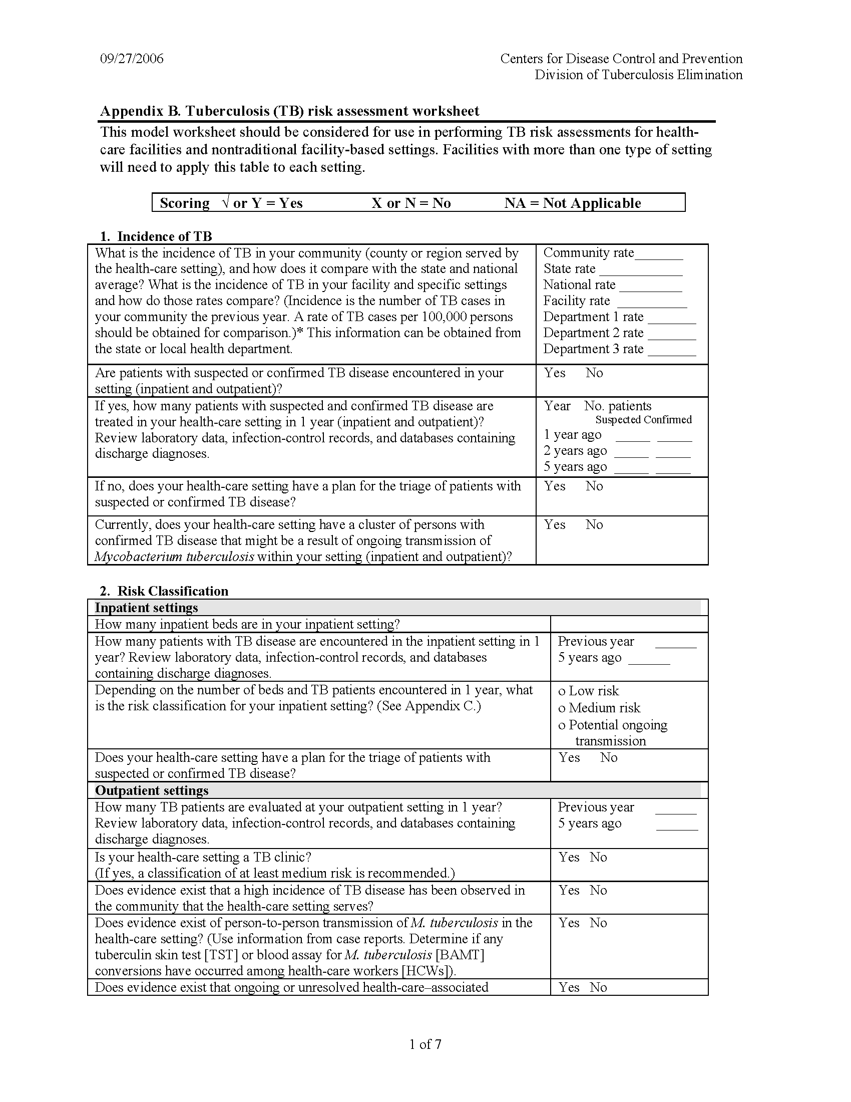 Tuberculosis Facility Risk Assessment Worksheet