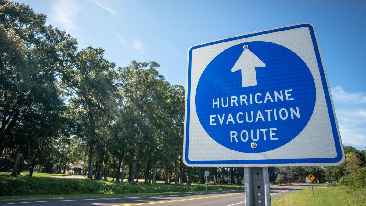 A road sign identifies a hurricane evacuation route