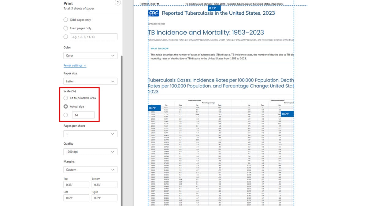 Select "Fit to printable area" or use the custom scaling to adjust the size to your preference.