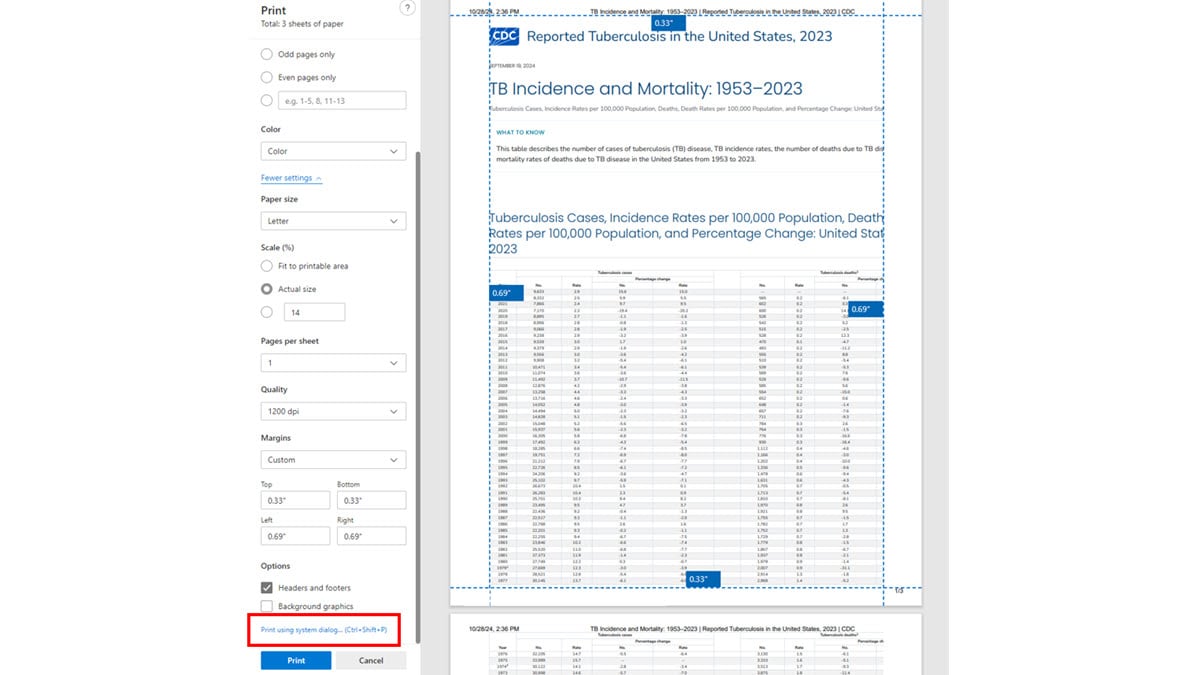 Select "Print using system dialog."