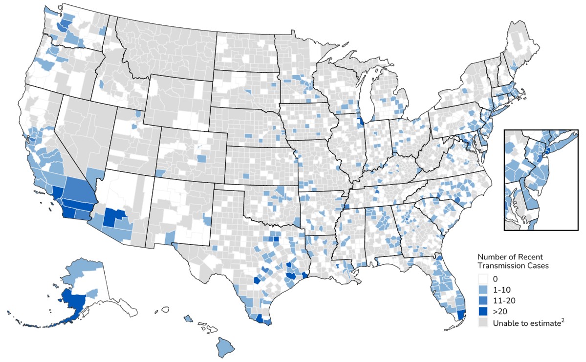 Map showing the number of TB cases attributed to recent transmission in each U.S. county or county-equivalent area.)