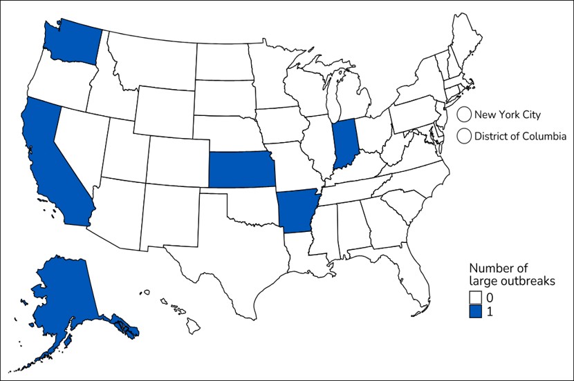 Map showing six states where new large TB outbreaks were detected in 2024.
