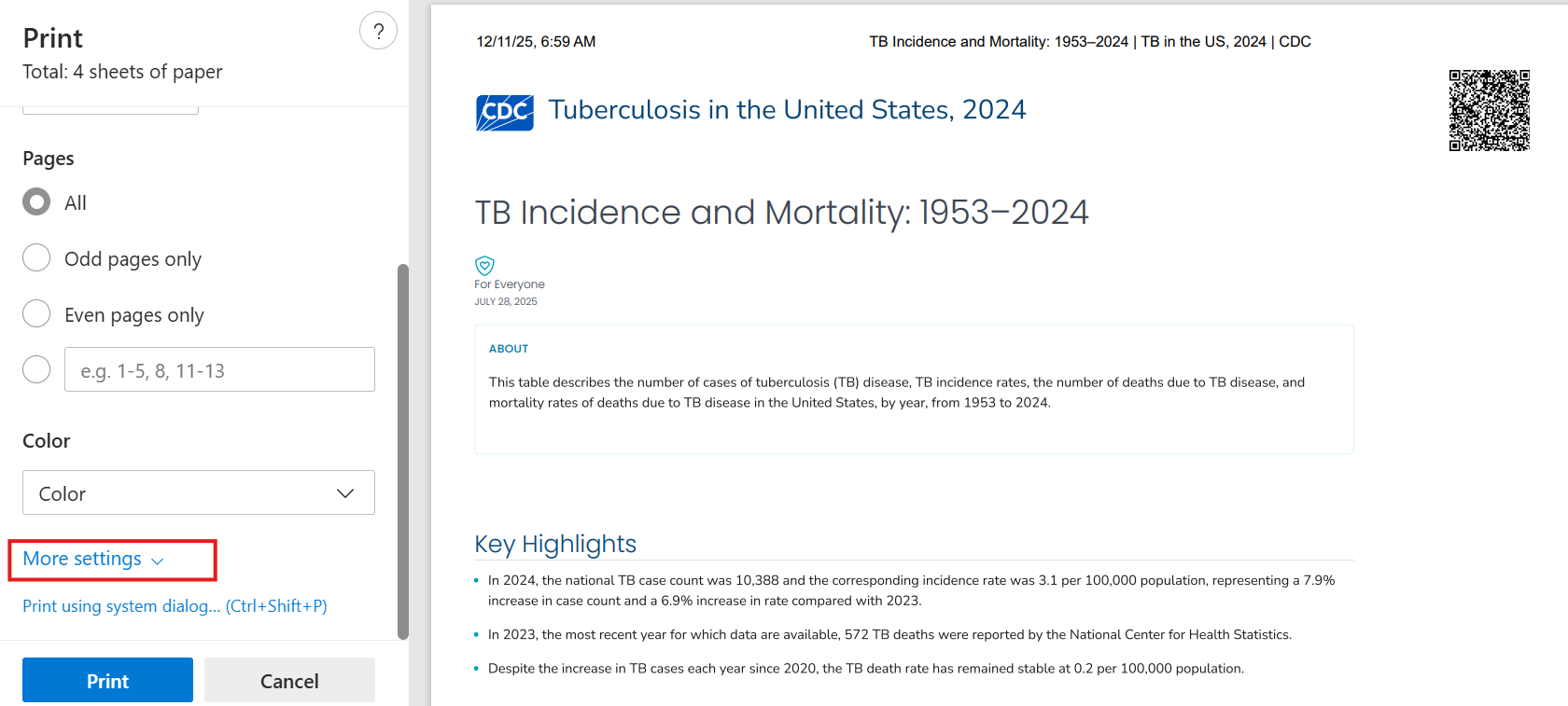 Instructions for adjusting the scale and margins in Edge to print data tables. "More Settings" highlighted.