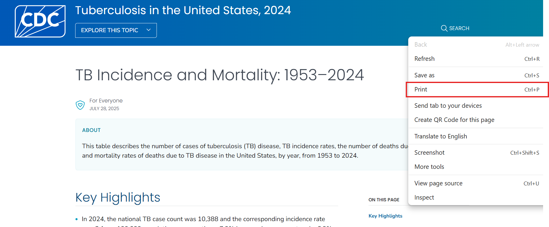 Instructions for printing a table in Microsoft Edge, with the print button highlighted.