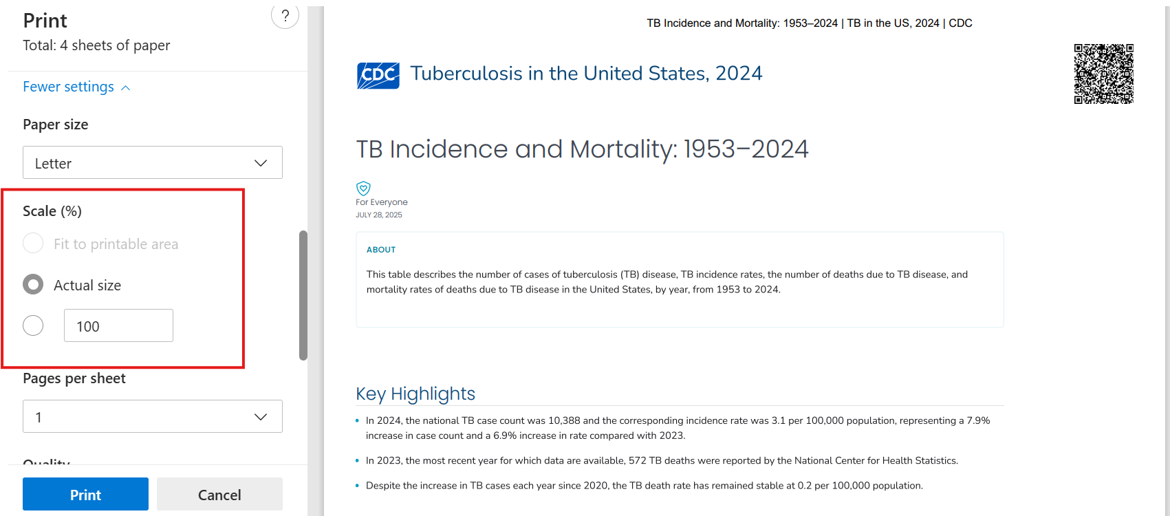 Instructions for adjusting the size and scale for printing preference.