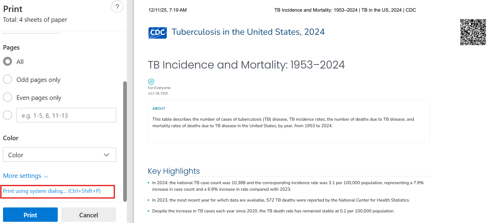 Instructions for selecting the "Print using system dialogue" link.
