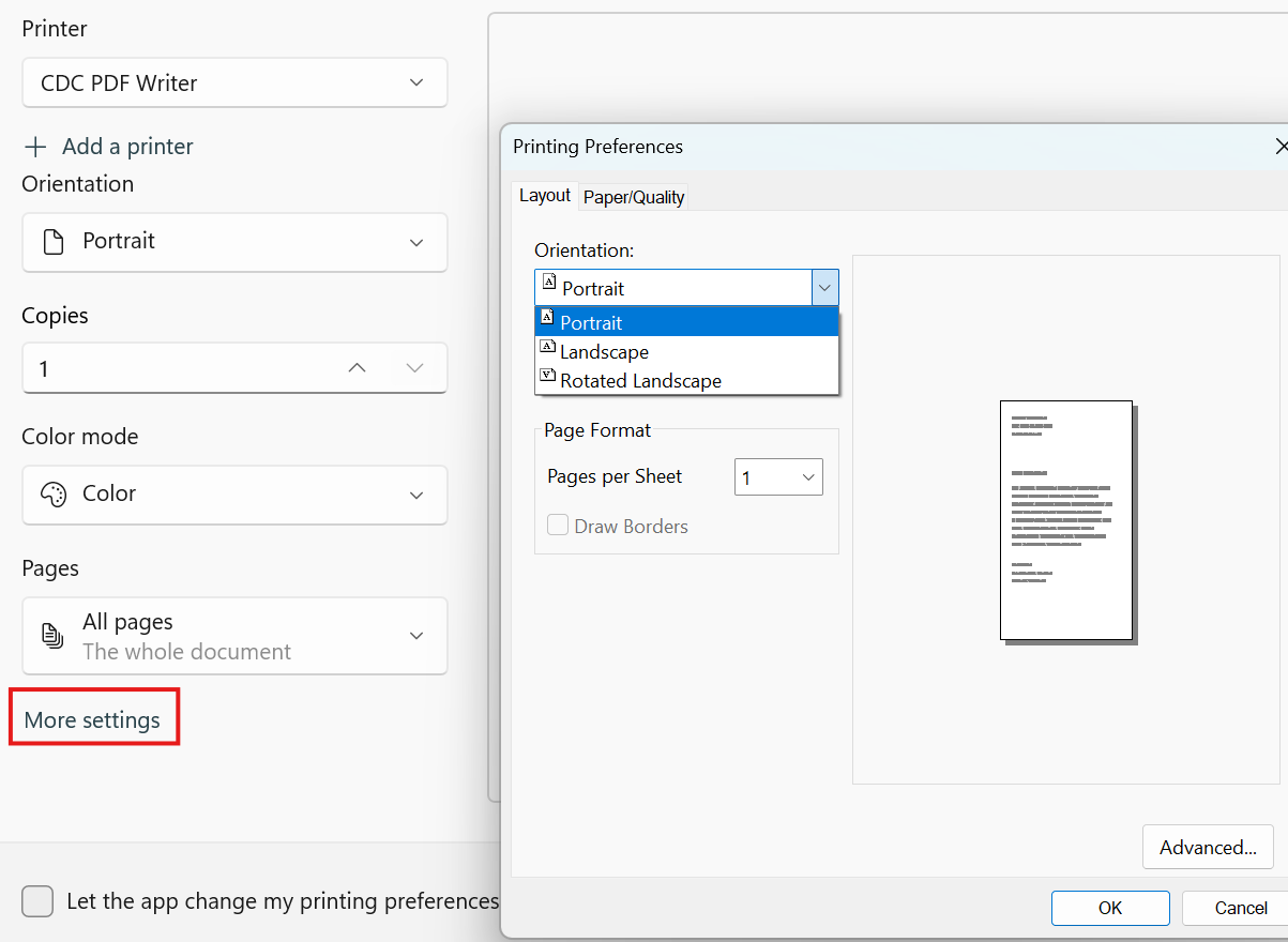 Instructions for selecting page orientation, using the Preferences window.