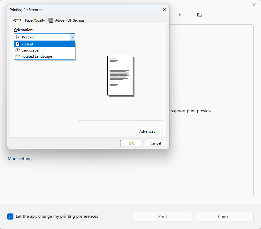Instructions for selecting page orientation, using the Preferences window.