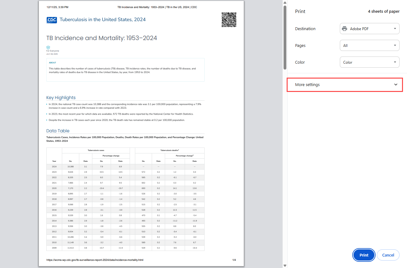 Instructions for adjusting the scale and margins in Google Chrome to print data tables. "More Settings" highlighted.