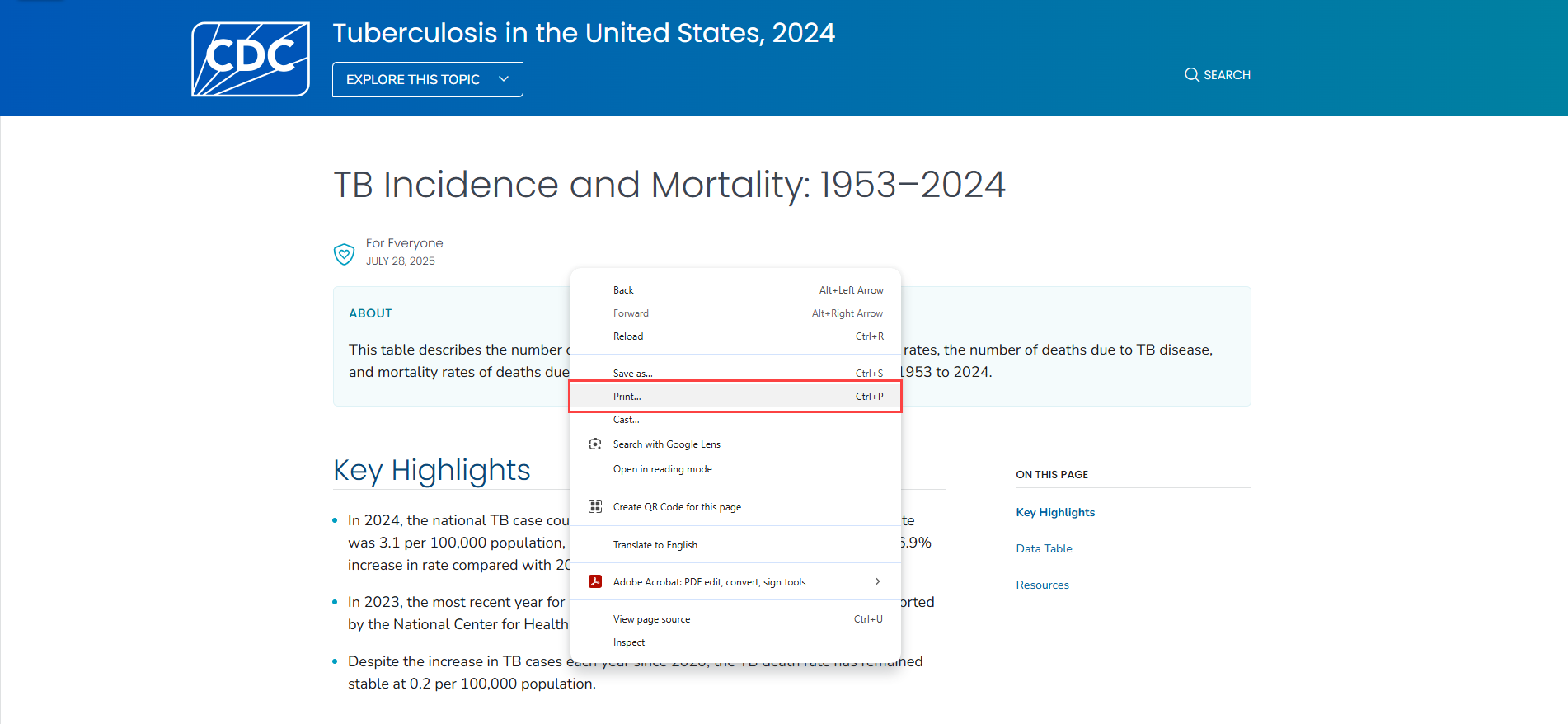 Instructions for printing a table in Google Chrome, with the print button highlighted.