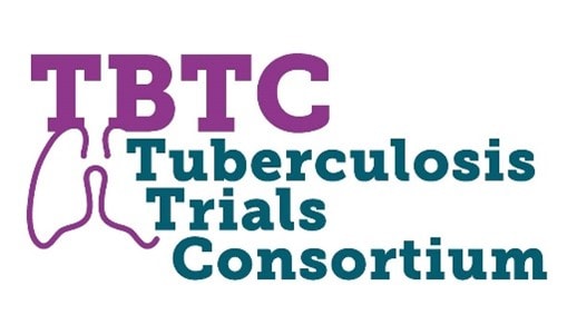 Logo for Tuberculosis Trials Consortium. Written in purple and blue lettering. Includes a sketch of a lung.