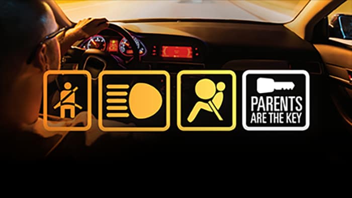 Parents are the key. Image from the viewpoint of someone sitting in the backseat, they can see the driver. Four icons are overlayed, one showing a stick figure fastened into a seat, the second icon is a headlight, the third icon is an airbag, and the fourth icon is the "parents are the key" logo
