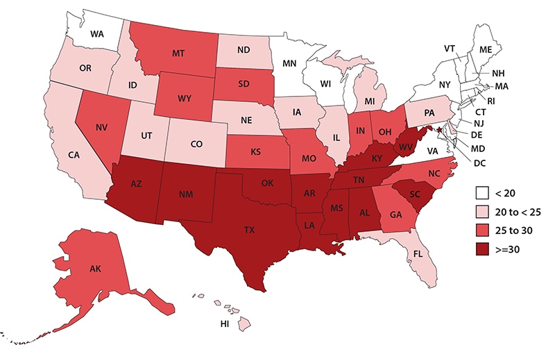 United States Map With State Teen Birth Rates Births Per 1 000 Females Ages 15 19 By